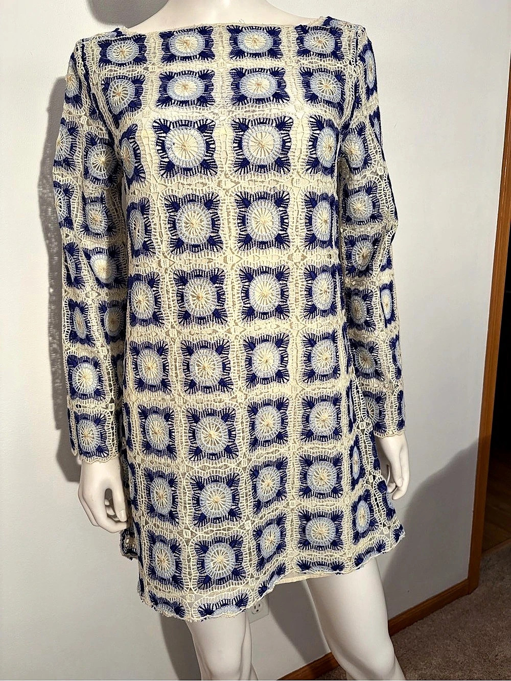 #1010 Chelsea & Violet DPT 0164 MIC 575 Crochet Mini Dress in Blue & Cream Size